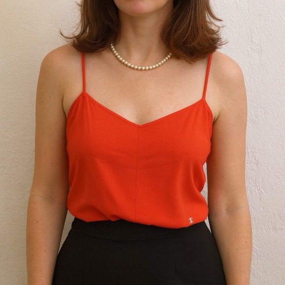 Vintage Chanel Cami Tank Top Womens XS Coral Sleeveless‎ Silk CC Logo Preppy